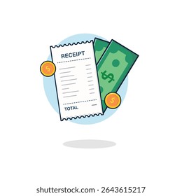 Money Receipt with Money and Coin Vector Illustration. Expense Concept Design