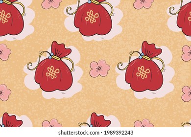 Money red bag for Chinese New Year and golden coins. Prosperity Vector Seamless pattern.