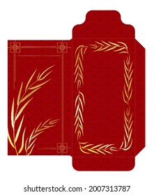 Money red and gold envelope packet 9x17 Cm. Chinese new year with graceful golden twigs on red background. Envelope for greeting card