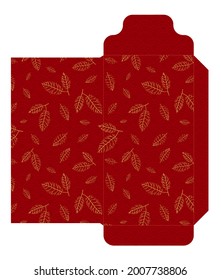 Money red and gold envelope packet 9x17 Cm. Chinese new year with golden leaves on red background. Envelope for greeting card