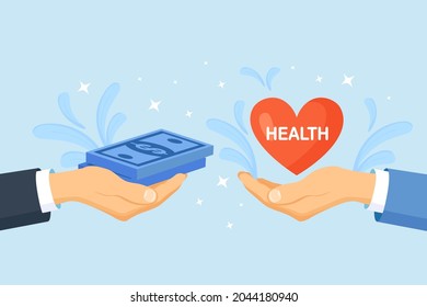 Money and red heart in hands. Health medical insurance and healthcare. Imbalance of lifestyle and work. Comparison of business stress and healthy life. Work life balance. Vector illustration