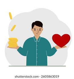 Money and a red heart in the hands of a man. Imbalance in lifestyle and work. Comparison of business stress and a healthy lifestyle. Balance of work and life. Vector flat illustration