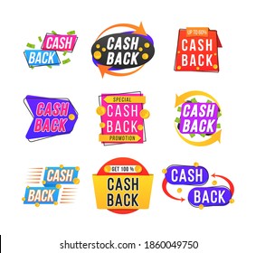 Money refund badges, cash back deal and return coins from purchases and payment labels for promotion, sale, discounts. Modern banner design with a set of cashback tags. Vector illustration, eps 10.