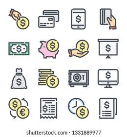 Money related color line icon set. Payment and finance colorful outline collection. Cash and dollar vector linear icons.