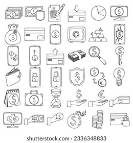 Money Related Doodle vector icon set. Drawing sketch illustration hand drawn line.