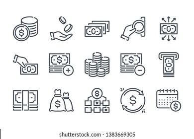 Money related line icon set. Bank and finance linear icons. Dollar and payment outline vector sign collection.