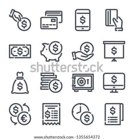 Money related line icon set. Payment and finance outline collection. Cash and dollar vector linear icons.