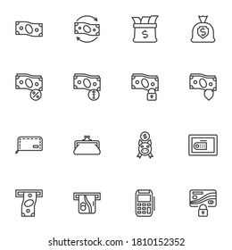 Money related line icons set, business and finance outline vector symbol collection, linear style pictogram pack. Signs, logo illustration. Set includes icons as dollar money bag, piggy bank, purse