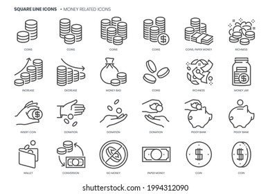 Money related, pixel perfect, editable stroke, up scalable square line vector icon set. 