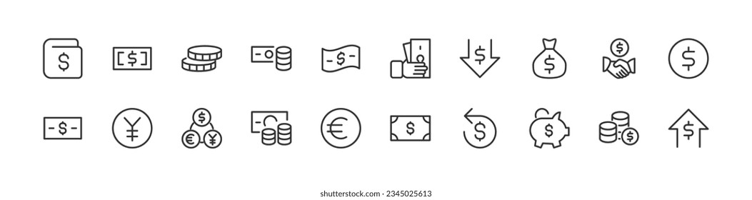 conjunto de iconos de prima relacionados con el dinero. Elementos vectores con trazo editable. Aislado sobre un fondo blanco