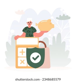 Protector de seguridad relacionado con el dinero. Joven con Piggy Bank, Calculadora y Jokester.