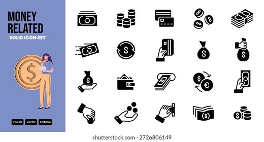 Geld-bezogene solide Icon-Set Vektor-Design gut für Web und mobile App