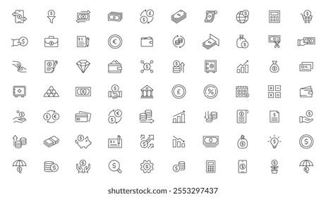 Money Related Vector Line Icons. Set of Banking, Wallet and Coins icons. Credit card, Currency exchange and Cashback money service. Euro and Dollar, Cash wallet, exchange.