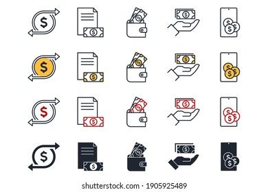 Icono de juego de vectores relacionados con el dinero. Ilustración vectorial del paquete de símbolos de pago Dinero
