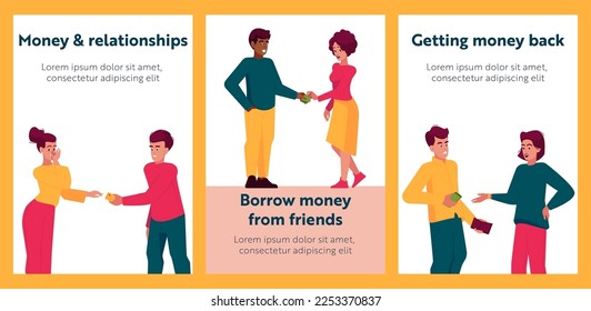 Money and Relations Cartoon Banners. Friends Borrow and Getting Money Back, Financial Help, Support. Female Characters Borrow Money at Husband, Girls Friendship. People Vector Illustration