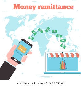 Money remittance concept in line art style. Banking and finance, ecommerce service, mobile payment, retail and shopping. Transfer money with smartphone to online shop on background of world map