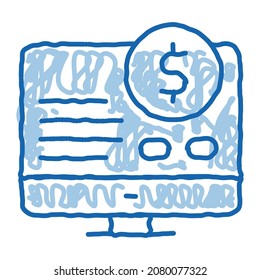Informe de dinero en el vector de icono de esbozo de computadora. Dibujo manual de la línea de doodle azul Money Report on Computer Sign. ilustración de símbolo aislado