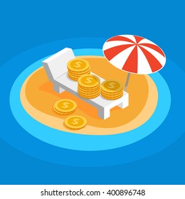 Money resting on the sunny beach, lying on a lounger under a parasol striped umbrella on the island overseas, flat color vector shaped illustration of offshore, gold coins money get a rest from taxes