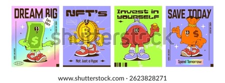 Money retro character poster set with slogans - dollar bill mascot, bitcoin golden coin, purse cartoon, pouch personality. Vibrant pastel gradient backgrounds, whimsical finance literacy banners.