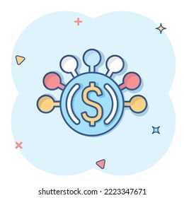 Money revenue icon in comic style. Dollar coin cartoon vector illustration on white isolated background. Finance structure splash effect business concept.