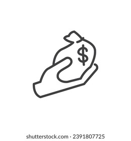 Money revenue line icon. linear style sign for mobile concept and web design. Hand with money bag outline vector icon. Symbol, logo illustration. Vector graphics