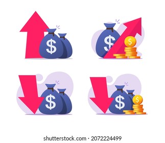 Money revenue profit icon concept vector or budget cash loss bankruptcy and reduction cost as financial economic crisis or stock market fall flat cartoon illustration, capital boost or funds down
