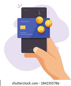 Money Reward Bonus, Cashback Income On Debit Bank Card Digital Wallet On Mobile Phone App Vector Flat Cartoon, Cash Back Redeem Idea On Smartphone Cellphone Holding Man Person Hand