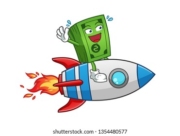money riding a rocket mascot vector cartoon illustration