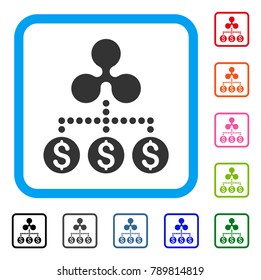 Money Ripple Relations icon. Flat gray iconic symbol inside a blue rounded rectangular frame. Black, gray, green, blue, red, orange color variants of Money Ripple Relations vector.