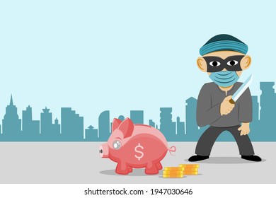 Money robbery concept illustration Thief and piggy bank background building and building