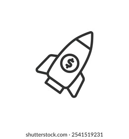 Money rocket, icon in line design. Money, rocket, finance, growth, investment, launch, currency on white background vector. Money rocket editable stroke icon