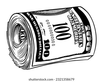 Money roll one hundred US dollars - vector illustration - Out line