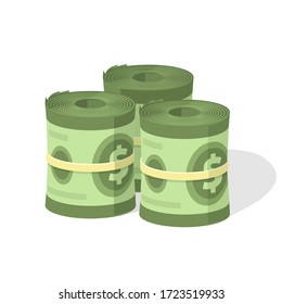 Money roll pile vector or cash stack heap and bundle with rubber flat cartoon illustration