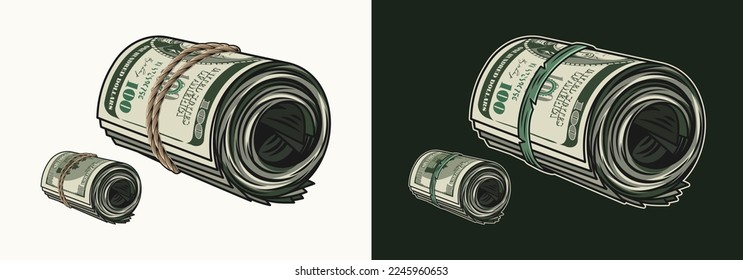 Money roll tied with rope. Rolls with obverse and reverse side of american 100 dollar bills. Cash money. Vintage style. Detailed vector illustration on black, white background. Perspective side view