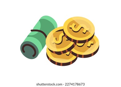 Money, rolled banknotes and gold coins. Cash savings, dollar bills. Financial concept. Green banknotes and metal finance. American currency. Flat vector illustration isolated on white background