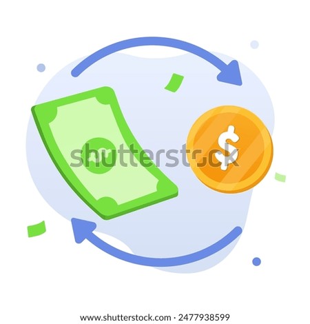 Money rotation, currency exchange, money flow and cycle illustration concept. dollar paper and coin money with a double arrow. Financial concept vector illustration. suitable for UI illustration