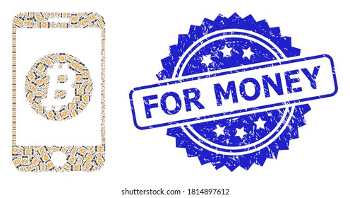 For Money rubber seal imitation and vector fractal collage mobile bitcoin bank. Blue seal has For Money tag inside rosette. Vector collage is made from repeating rotated mobile bitcoin bank items.