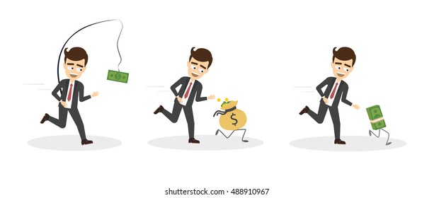 Money run set. Businessman tries to chase dollar, money bag and bundle of money. Concept of wealth, rat race and success.