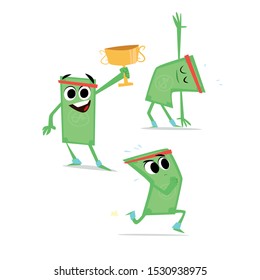 Money running a race. Fitness industry money. A long -lasting business concept. The money work for you. Idea to become rich and increasing profits. A profitable idea. Flat design vector illustration