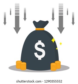 Sacos monetarios con flecha apuntando hacia abajo, pérdida de dinero, concepto de corrupción, aumento de deuda, falta de financiamiento, riesgo de fondos de inversión, devaluación de riqueza, disminución de ingresos, icono vectorial eps10.