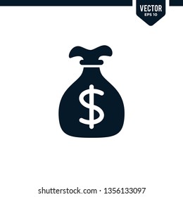 Money sack or money bag icon collection in glyph style, solid color vector