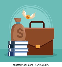 money sack, books and portfolio over green background, colorful design, vector illustration