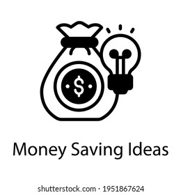 Money sack with bulb, money savings idea in solid style 