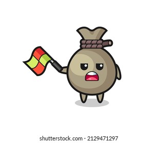 money sack cartoon as the line judge hold the flag up at a 45 degree angle , cute style design for t shirt, sticker, logo element