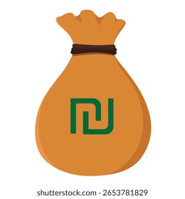 Saco de dinheiro com moeda símbolo israelense New Shekel isolado no fundo branco moeda israelense. Saco cheio de dinheiro. Ícone de vetor