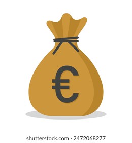 Saco de dinero con el símbolo del euro en Ilustración vectorial de color marrón. Icono del saco del euro. Bolsa de dinero de saco de dibujos animados con lleno de euros.