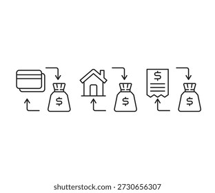 ícones de saque de dinheiro e alocação de fundos definem a ilustração de linha de vetor