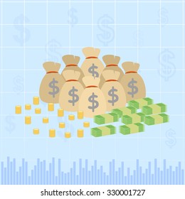 money sack and gold coin in flat icon design on blue background (vector)