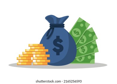 Money sack with gold coins and dollar bills. Finance and banking vector illustration