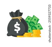 Money Sack with gold coins stack and dollar bills. Vector isolated on white.